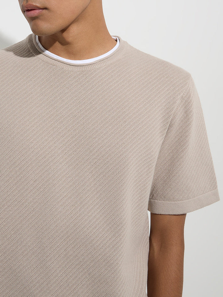 ETA Beige Ribbed-Textured Relaxed-Fit Cotton T-Shirt