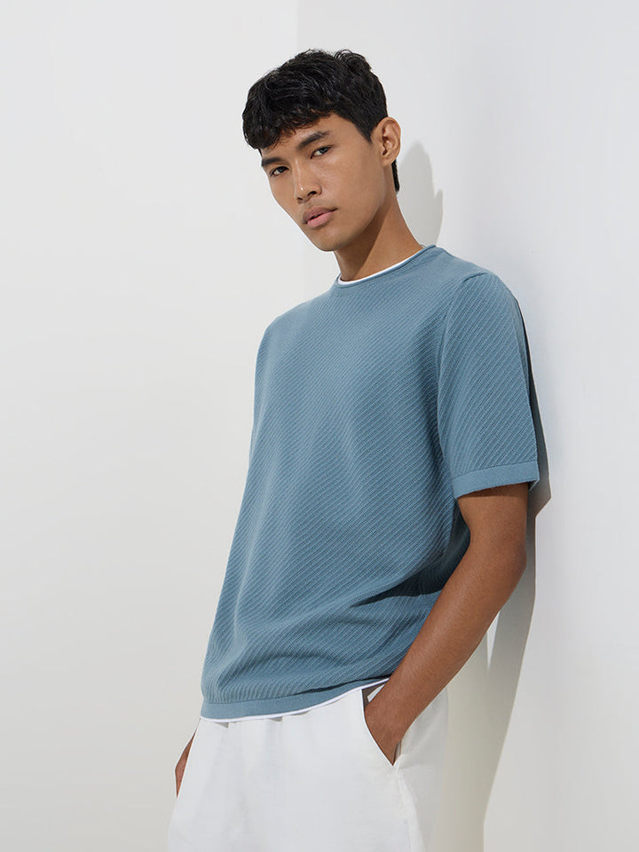 ETA Teal Ribbed-Textured Relaxed-Fit Cotton T-Shirt