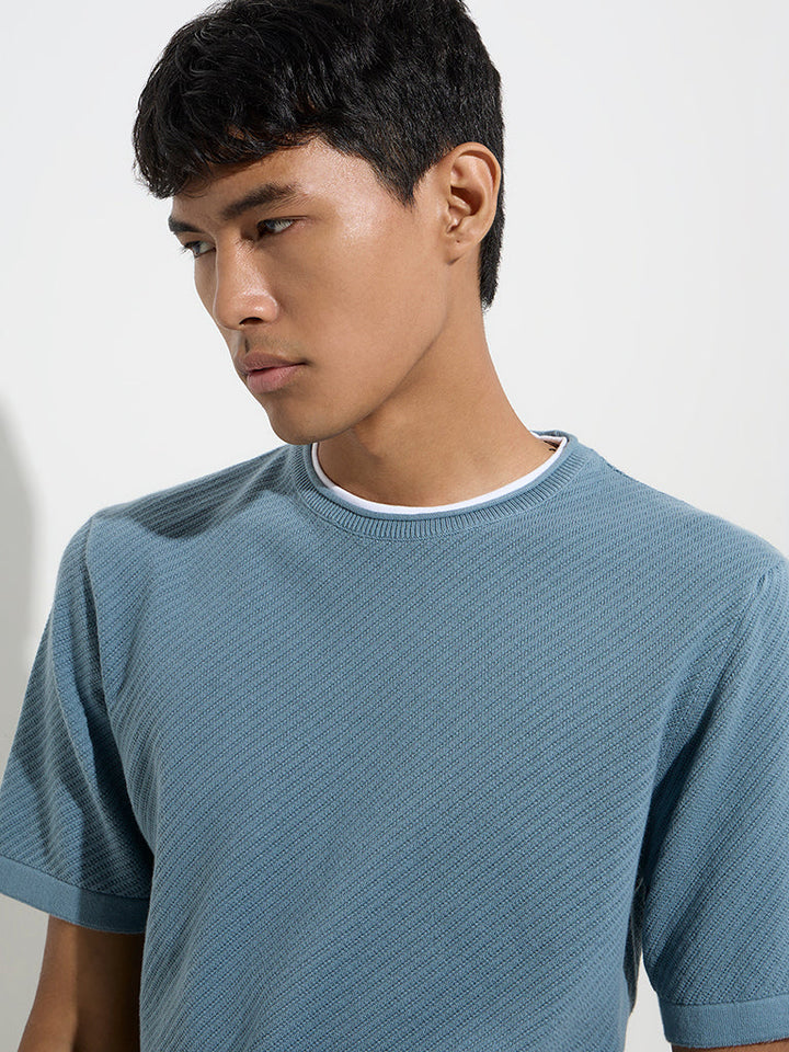 ETA Teal Ribbed-Textured Relaxed-Fit Cotton T-Shirt