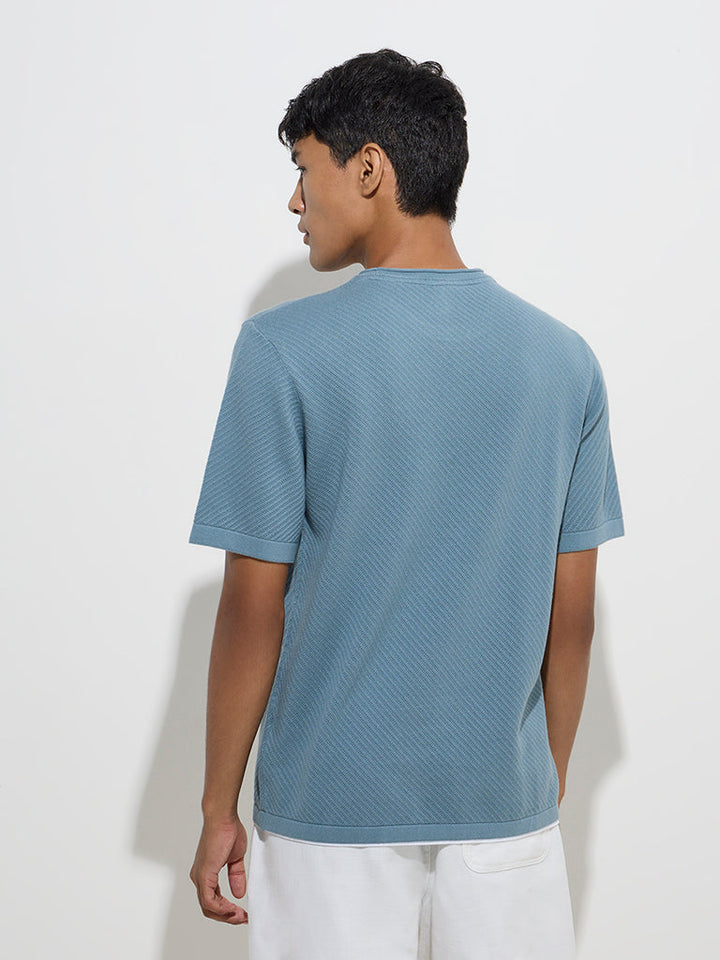 ETA Teal Ribbed-Textured Relaxed-Fit Cotton T-Shirt