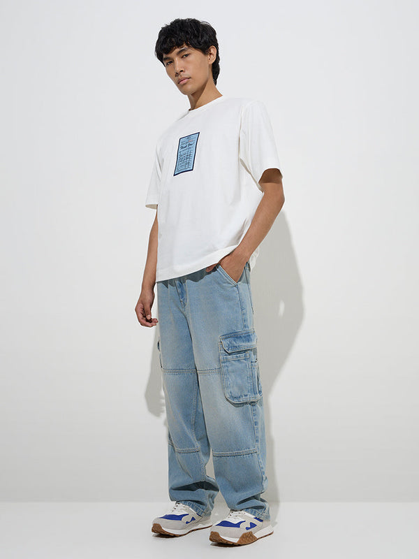 Nuon White Printed Relaxed-Fit Cotton T-Shirt