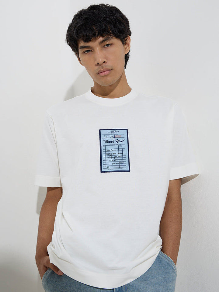 Nuon White Printed Relaxed-Fit Cotton T-Shirt