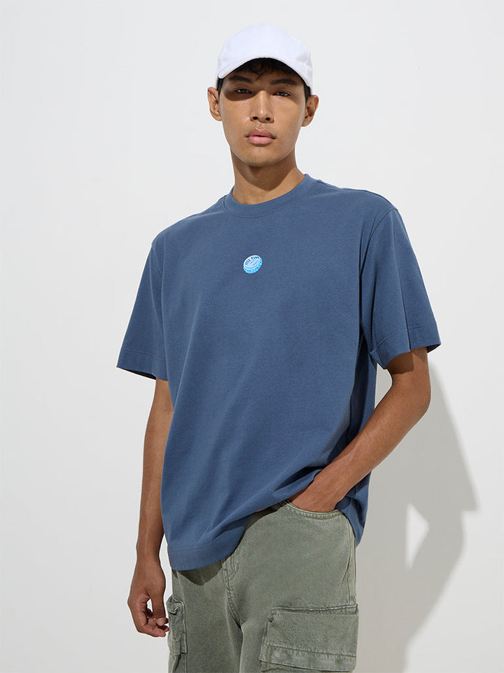 Nuon Dusty Blue Text Printed Relaxed-Fit Cotton T-Shirt