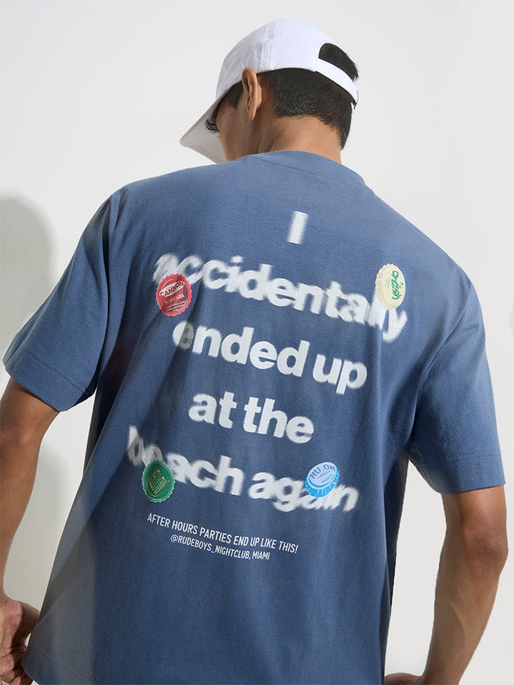 Nuon Dusty Blue Text Printed Relaxed-Fit Cotton T-Shirt