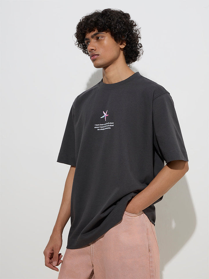 Nuon Charcoal Printed Relaxed-Fit Cotton T-Shirt