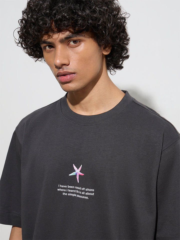 Nuon Charcoal Printed Relaxed-Fit Cotton T-Shirt