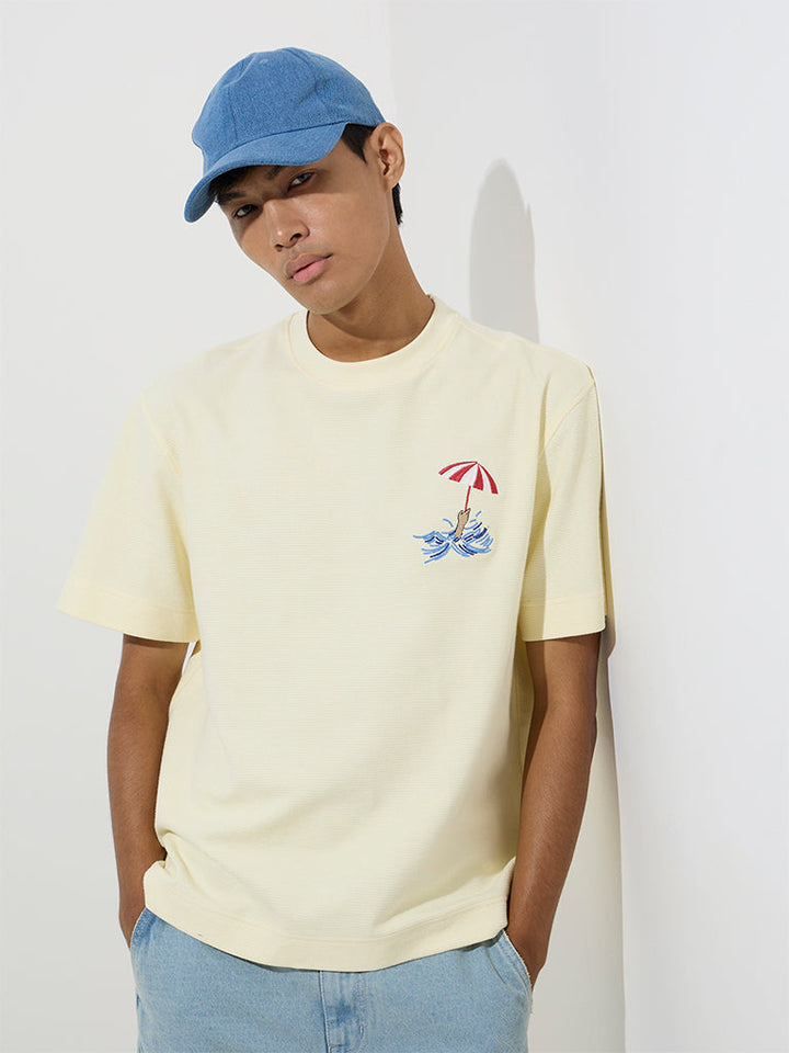 Nuon Yellow Text Design Relaxed-Fit Cotton T-Shirt