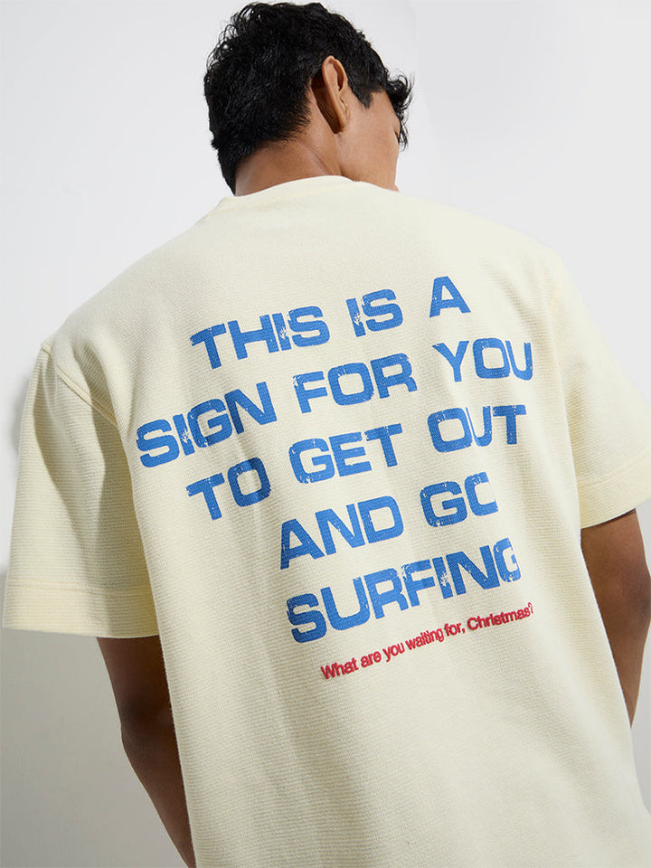 Nuon Yellow Text Design Relaxed-Fit Cotton T-Shirt