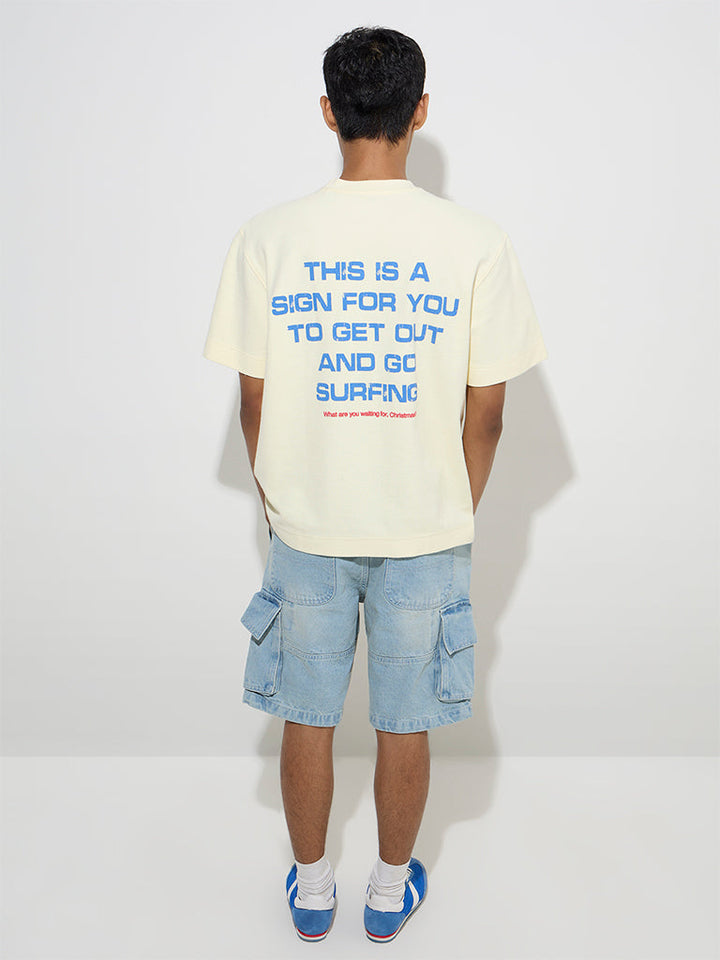 Nuon Yellow Text Design Relaxed-Fit Cotton T-Shirt