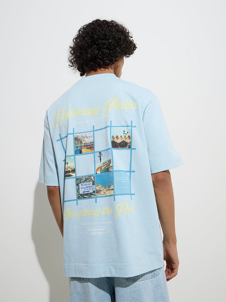 Nuon Light Blue Cityscape Relaxed-Fit Cotton T-Shirt