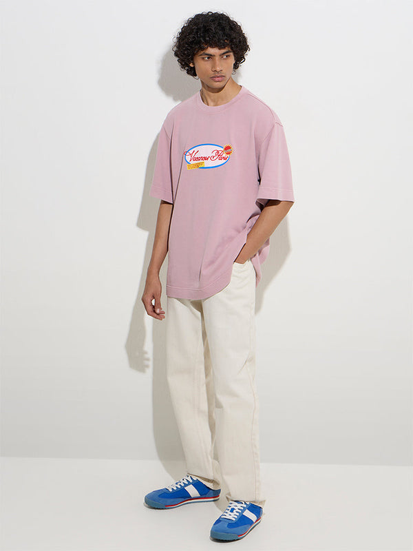 Nuon Dusty Pink Text Design Relaxed-Fit Cotton T-Shirt