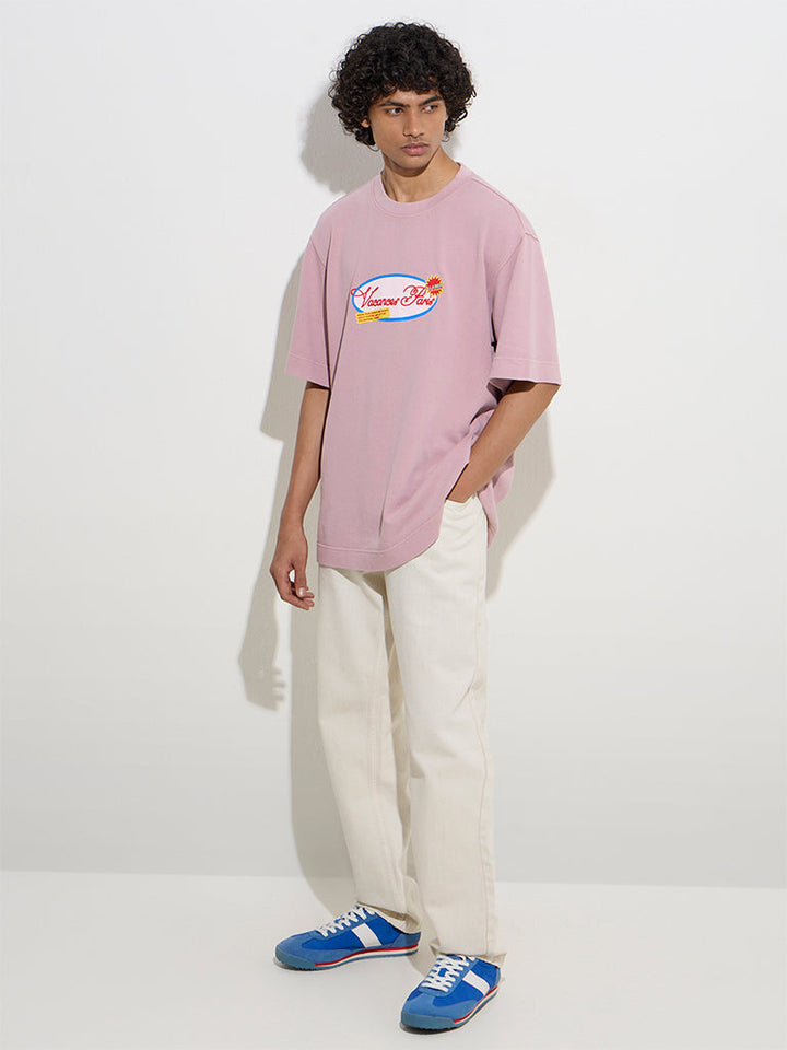Nuon Dusty Pink Text Design Relaxed-Fit Cotton T-Shirt