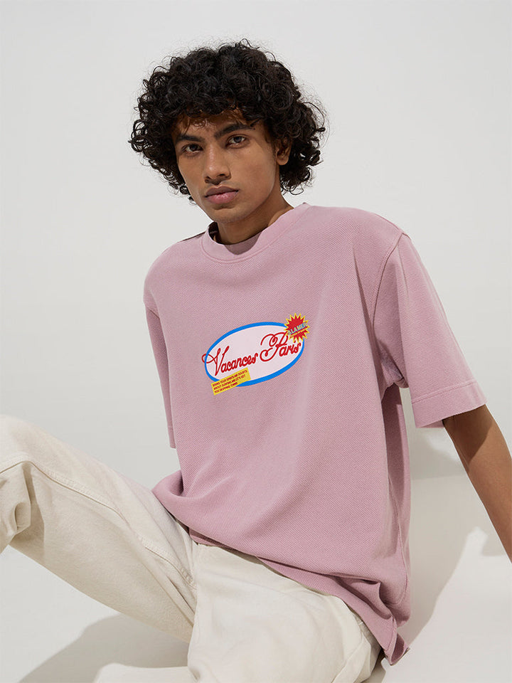 Nuon Dusty Pink Text Design Relaxed-Fit Cotton T-Shirt