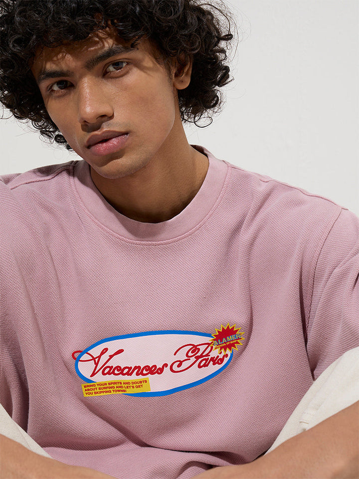 Nuon Dusty Pink Text Design Relaxed-Fit Cotton T-Shirt