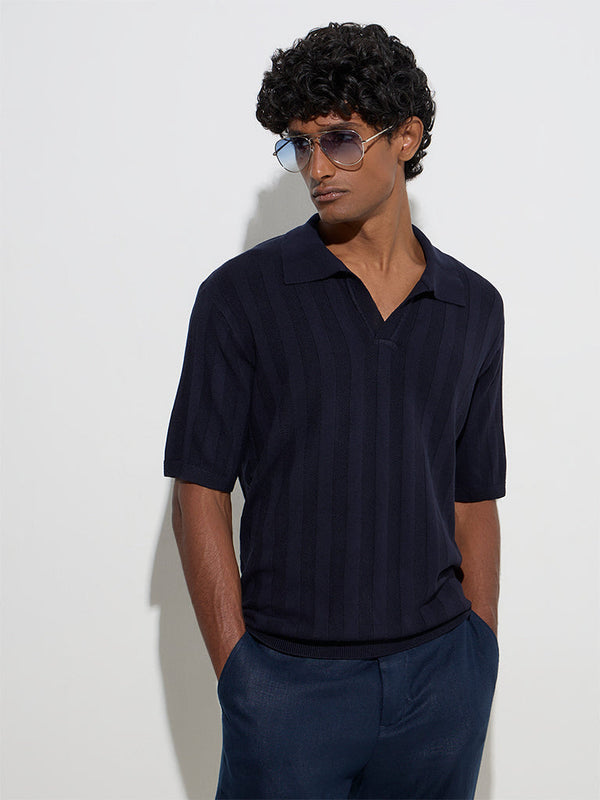 Ascot Navy Self-Striped Relaxed-Fit Polo T-Shirt