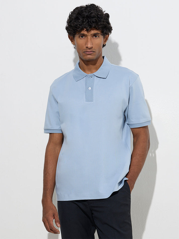 WES Formals Dusty Blue Slim-Fit Cotton Polo T-Shirt