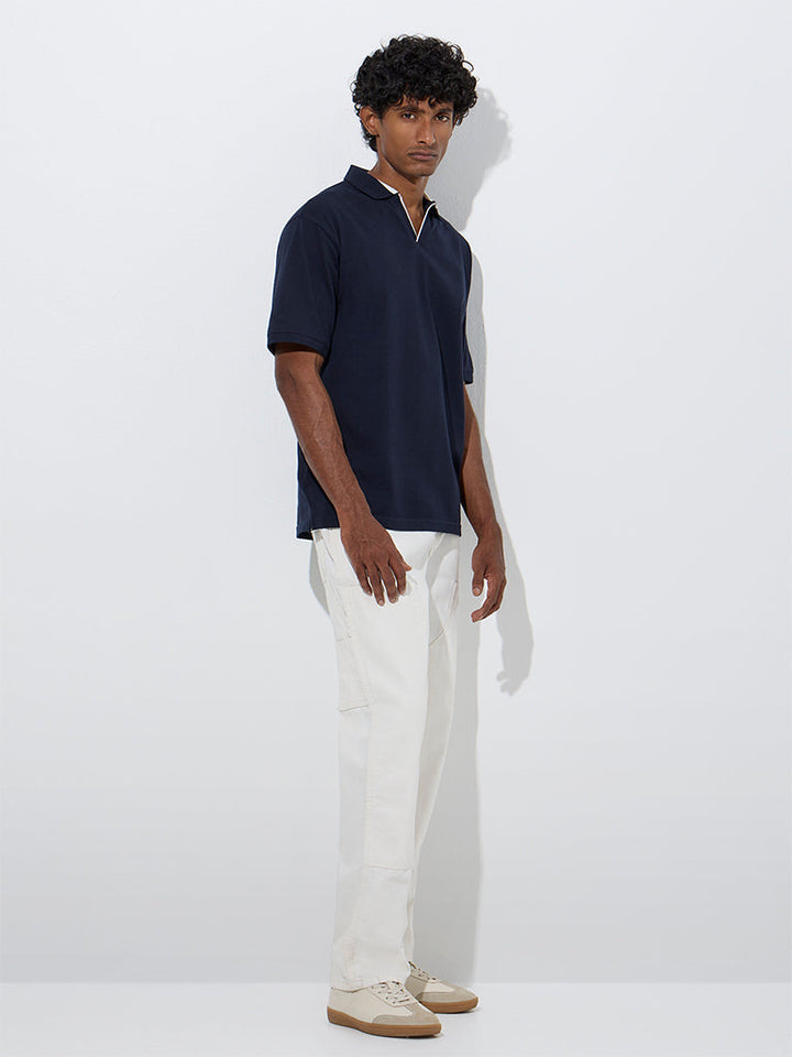 WES Casuals Navy Relaxed-Fit Cotton-Blend Polo T-Shirt