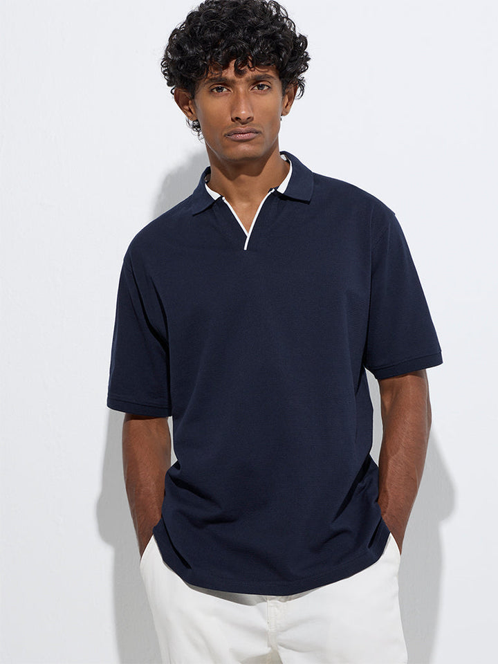 WES Casuals Navy Relaxed-Fit Cotton-Blend Polo T-Shirt