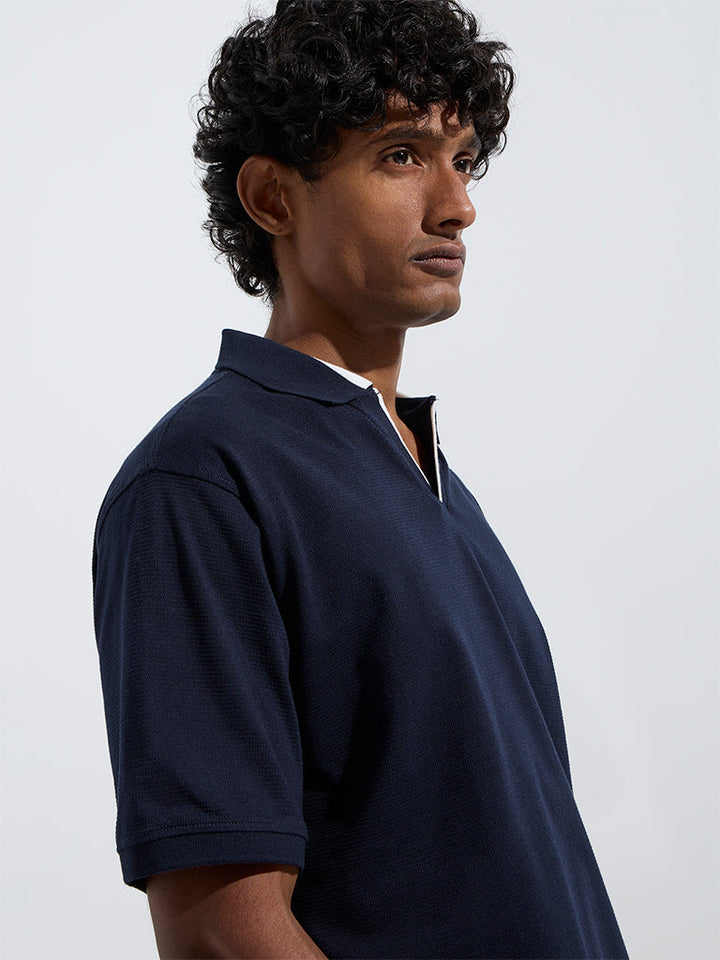 WES Casuals Navy Relaxed-Fit Cotton-Blend Polo T-Shirt