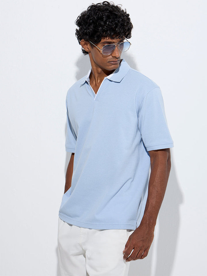 WES Casuals Light Blue Self-Textured Relaxed-Fit Cotton T-Shirt