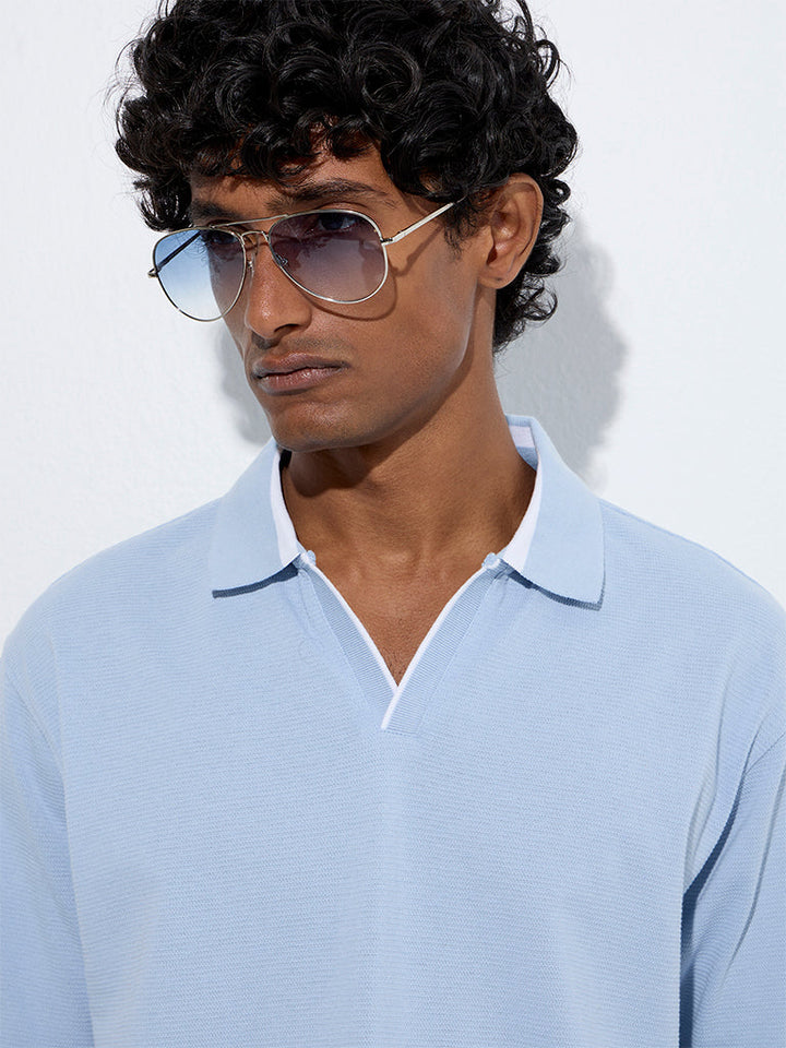 WES Casuals Light Blue Self-Textured Relaxed-Fit Cotton T-Shirt