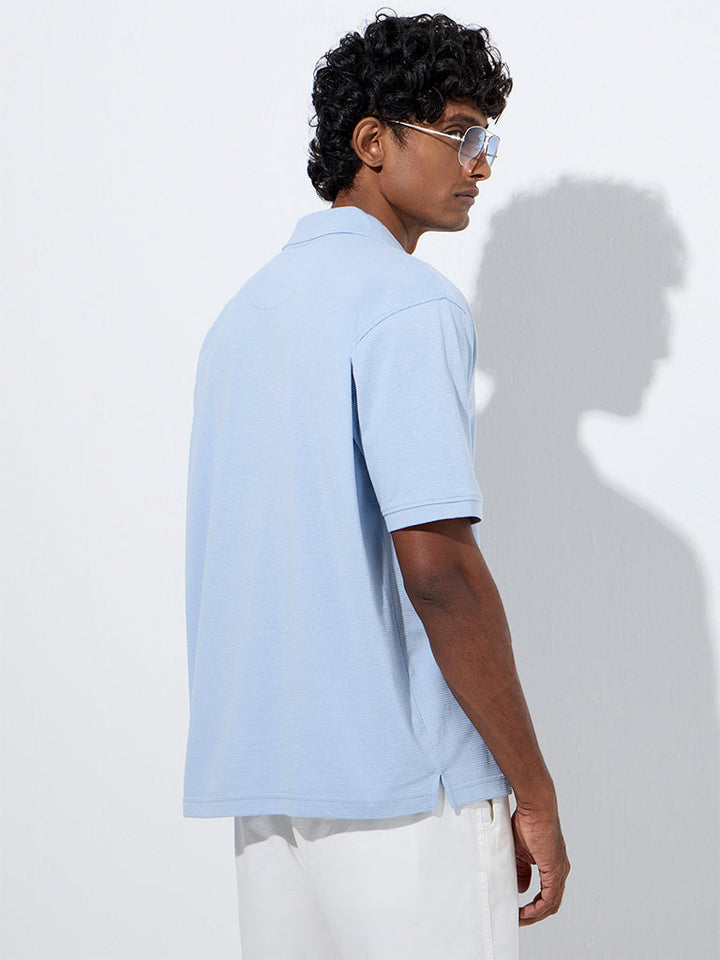 WES Casuals Light Blue Self-Textured Relaxed-Fit Cotton T-Shirt