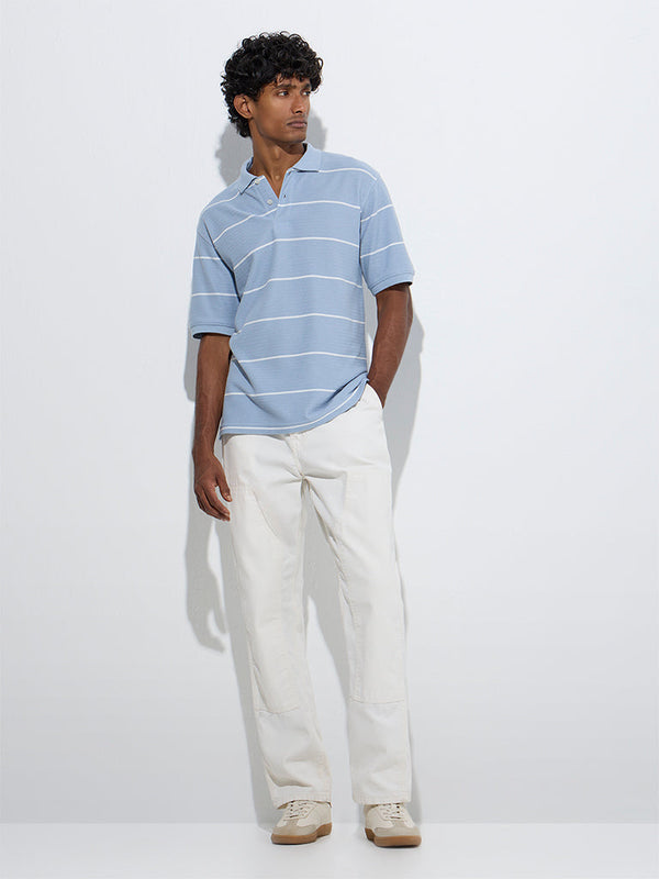 WES Casuals Light Blue Striped Relaxed-Fit Cotton-Blend Polo T-Shirt