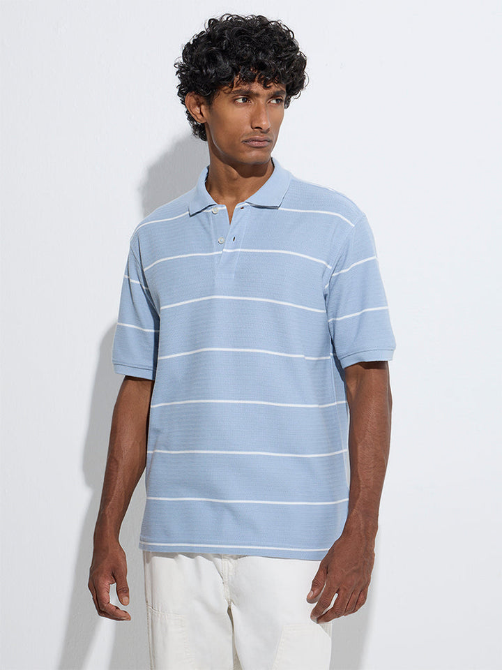 WES Casuals Light Blue Striped Relaxed-Fit Cotton-Blend Polo T-Shirt