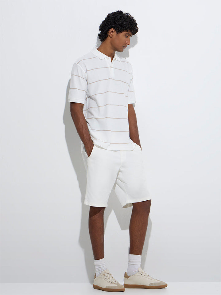 WES Casuals White Striped Relaxed-Fit Cotton-Blend Polo T-Shirt