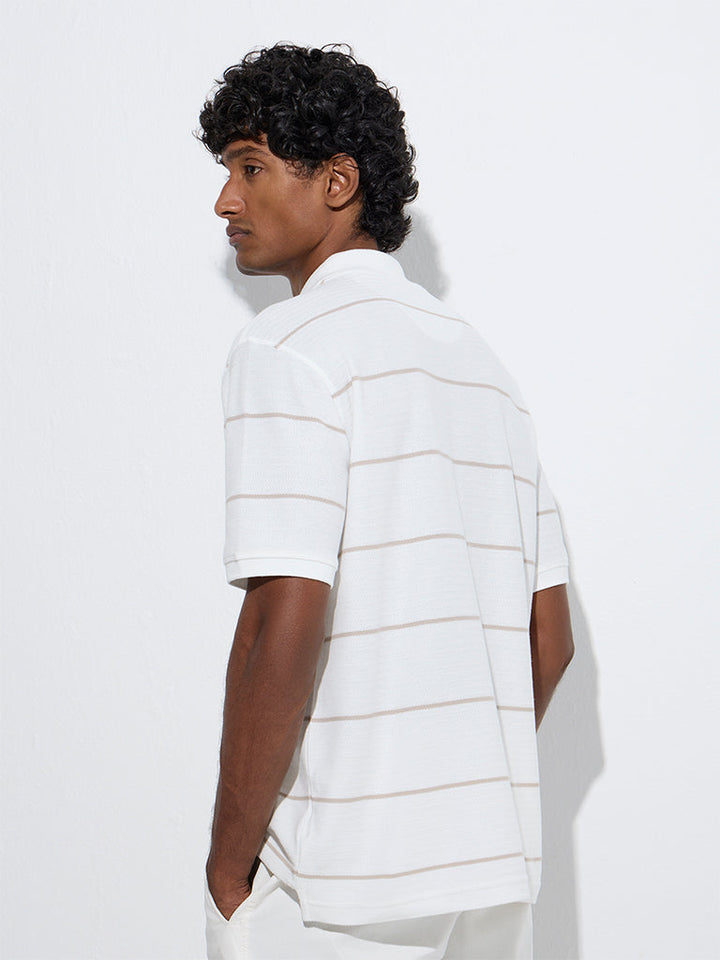 WES Casuals White Striped Relaxed-Fit Cotton-Blend Polo T-Shirt