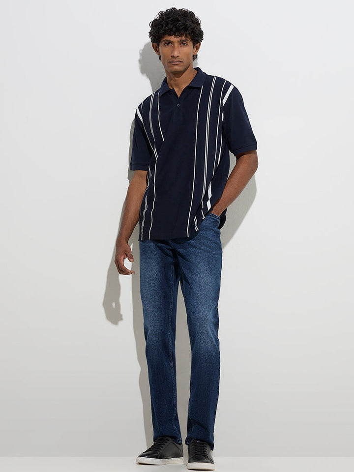 WES Casuals Navy Relaxed-Fit Cotton-Blend Polo T-Shirt