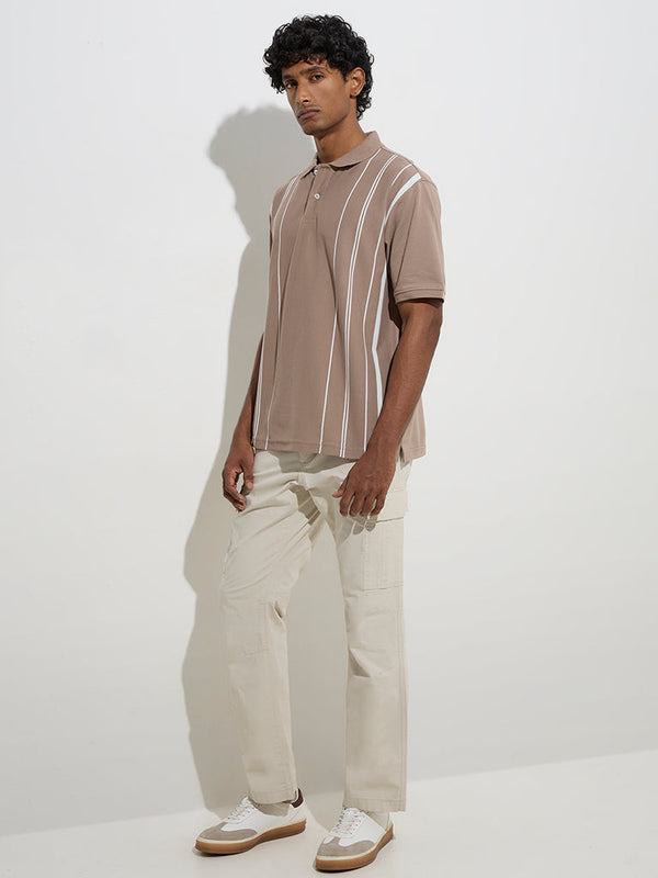 WES Casuals Taupe Relaxed-Fit Cotton-Blend Polo T-Shirt