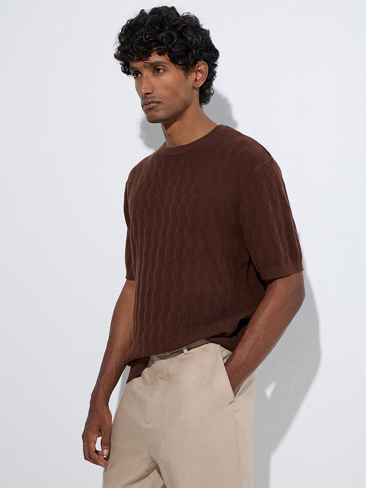 Ascot Brown Knit-Textured Relaxed-Fit Cotton T-Shirt