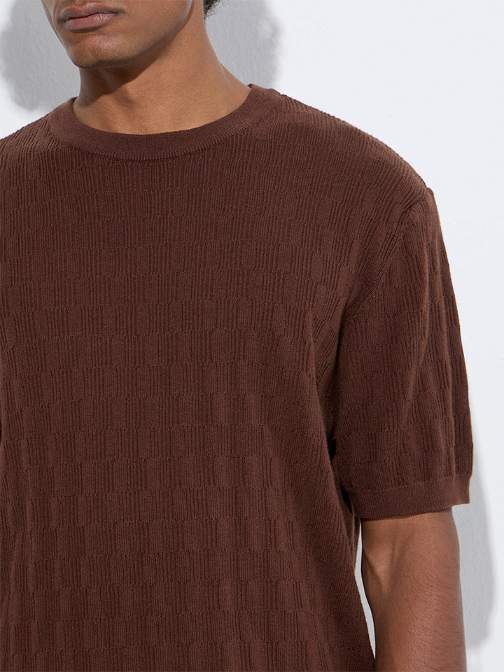 Ascot Brown Knit-Textured Relaxed-Fit Cotton T-Shirt