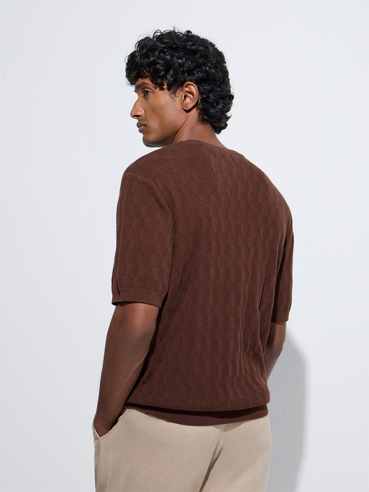 Ascot Brown Knit-Textured Relaxed-Fit Cotton T-Shirt