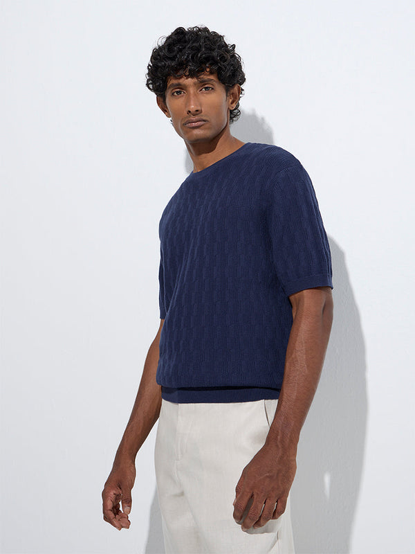 Ascot Navy Knit-Textured Relaxed-Fit Cotton T-Shirt