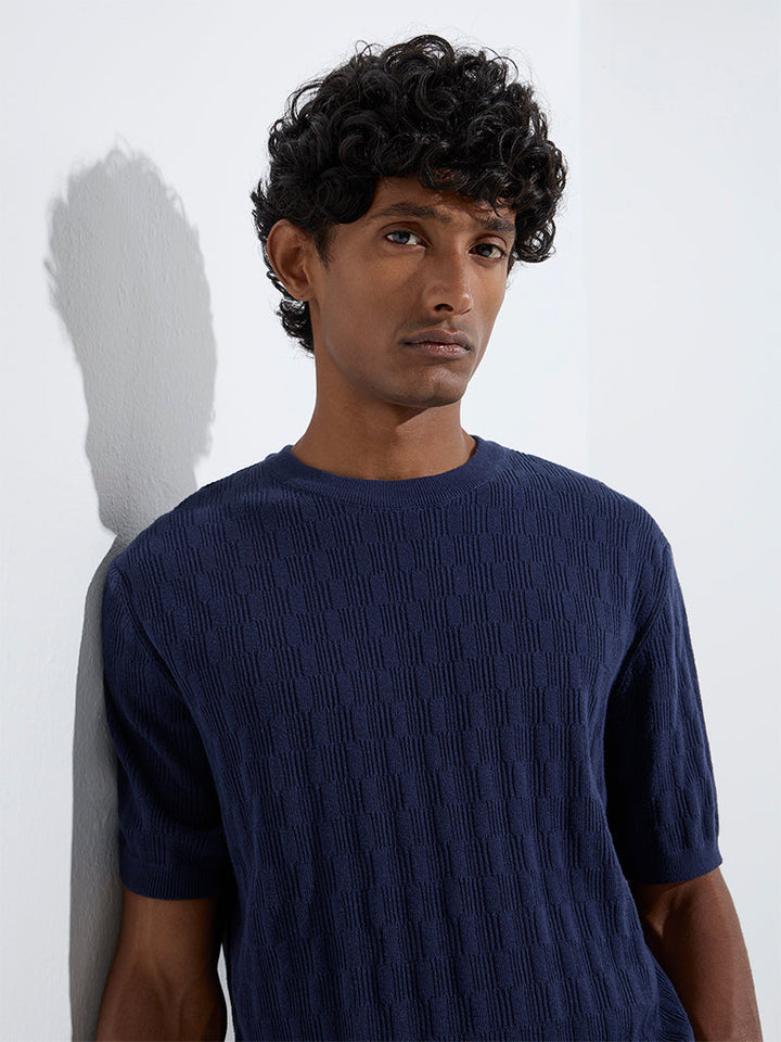 Ascot Navy Knit-Textured Relaxed-Fit Cotton T-Shirt