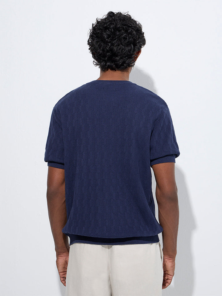 Ascot Navy Knit-Textured Relaxed-Fit Cotton T-Shirt