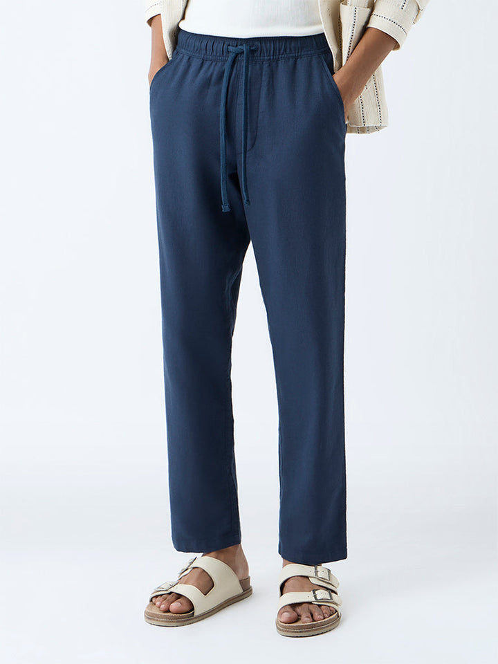 ETA Dark Blue Solid Relaxed-Fit Mid-Rise Cotton Pants