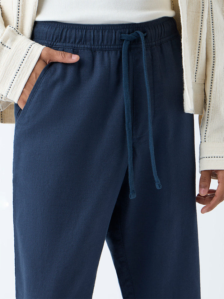 ETA Dark Blue Solid Relaxed-Fit Mid-Rise Cotton Pants