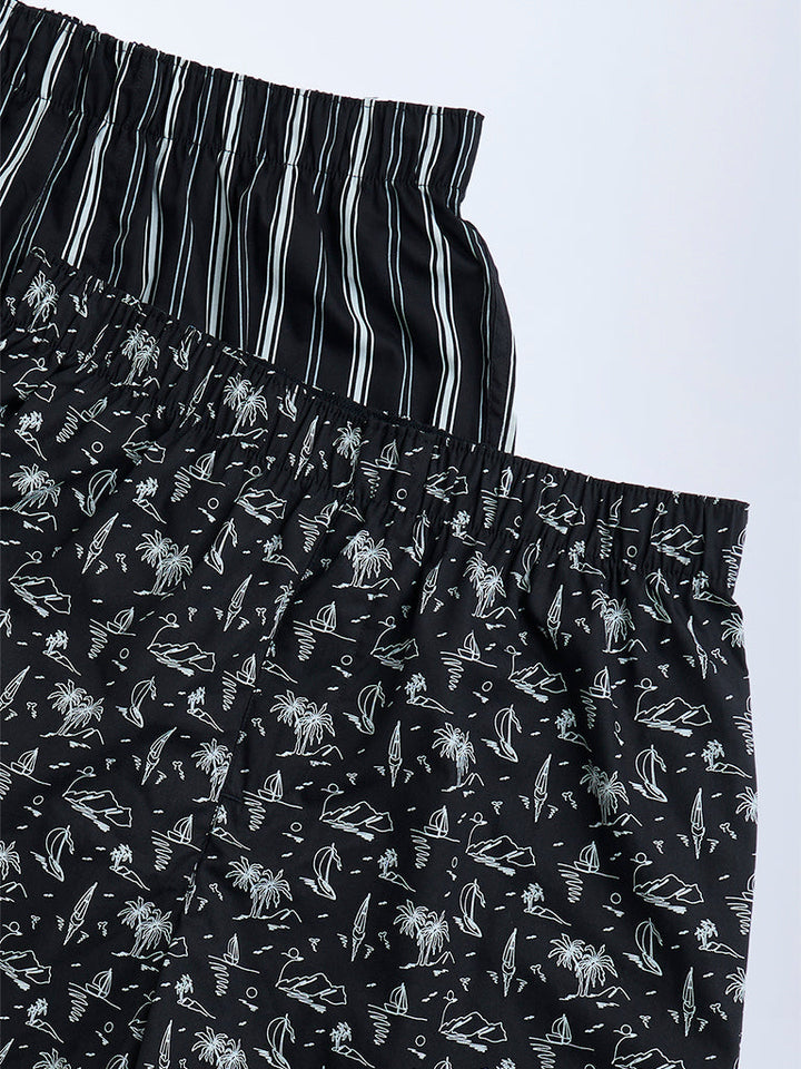 WES Lounge Black Relaxed-Fit Cotton Boxers - Pack of 2