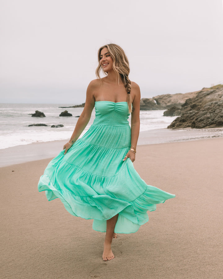 Rosalina Strapless Smocked Tiered Maxi Dress Seafoam