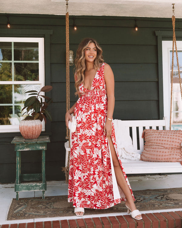 Serafina Smocked Side Slit Maxi Dress Red Cream