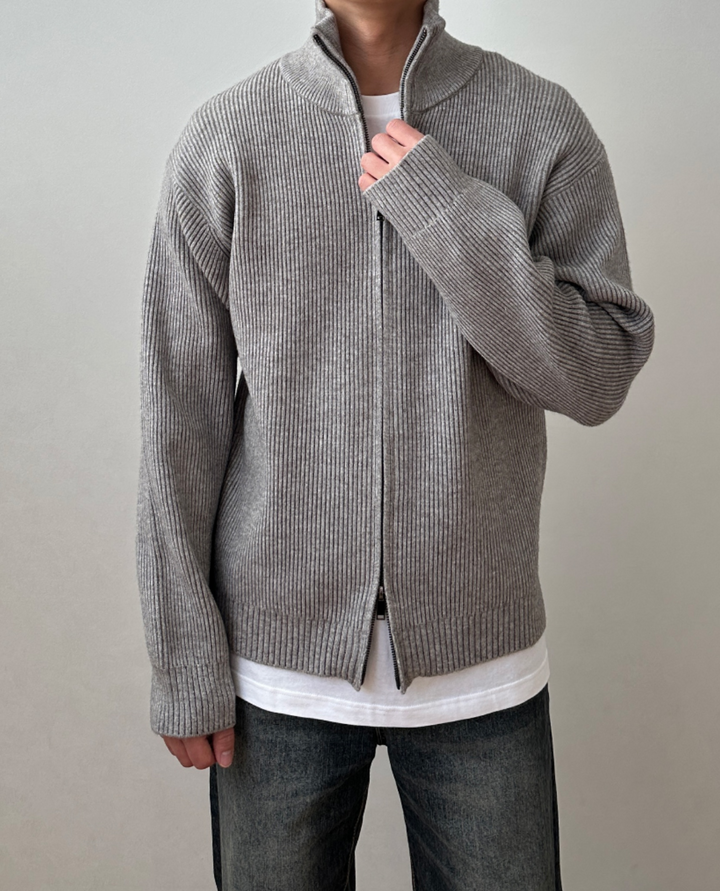 Ferrand High Collar Zip Cardigan Grey