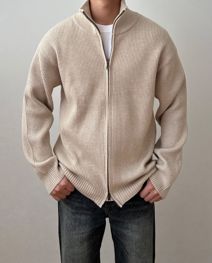 Ferrand High Collar Zip Cardigan Taupe
