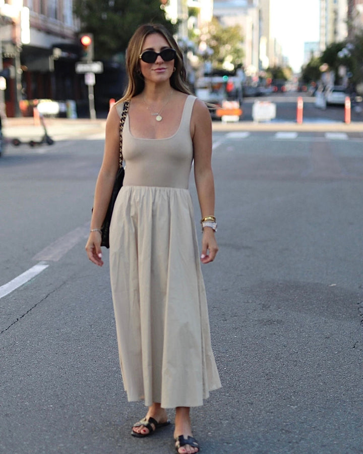 Maxime Knit Cotton Pocketed Midi Dress Latte