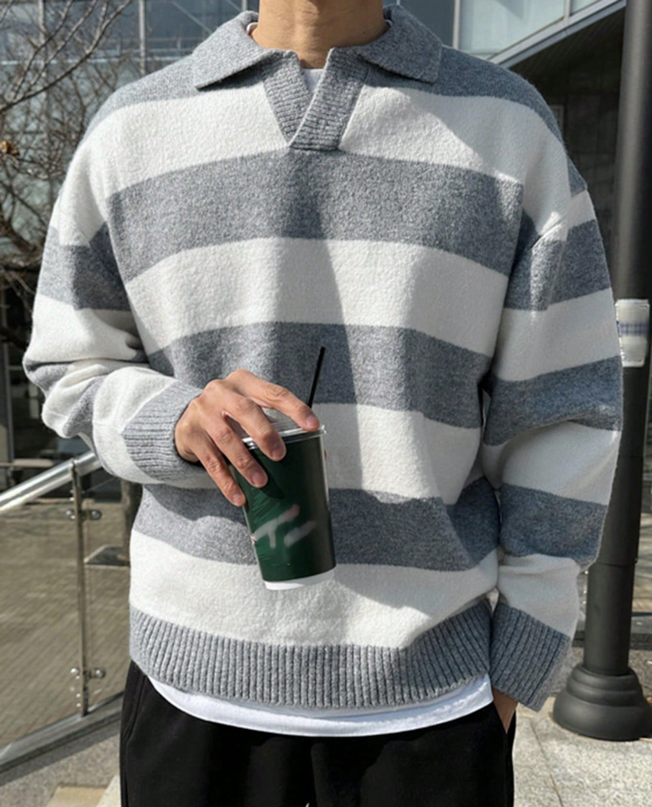 Bolzano Striped Knit Polo Sweater Grey