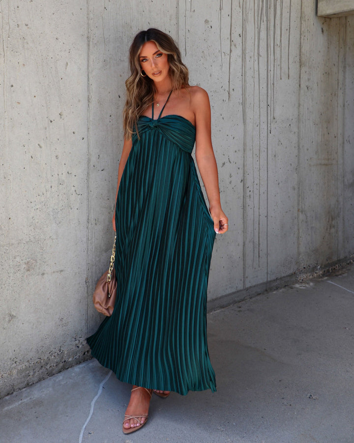 Raise A Toast Satin Plisse Halter Maxi Dress Emerald