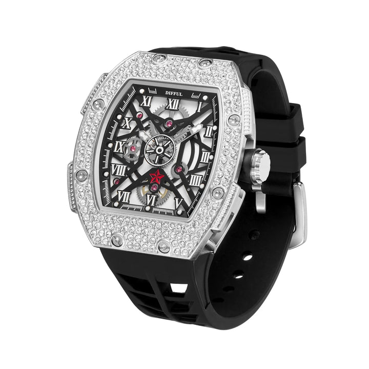Tonneau Shape Waterproof Iced Out Full Diamond Hip Hop Skeleton Quartz Watch With Silicone Band