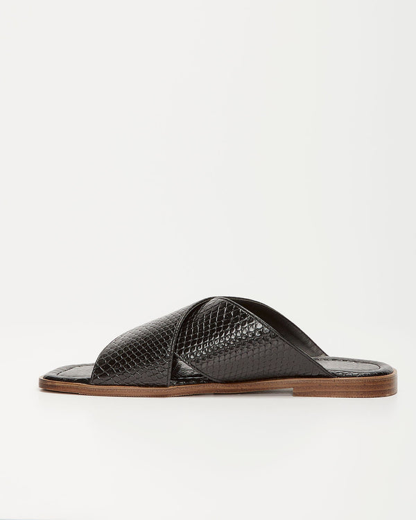 Avena Croc Embossed Slide Sandals Black